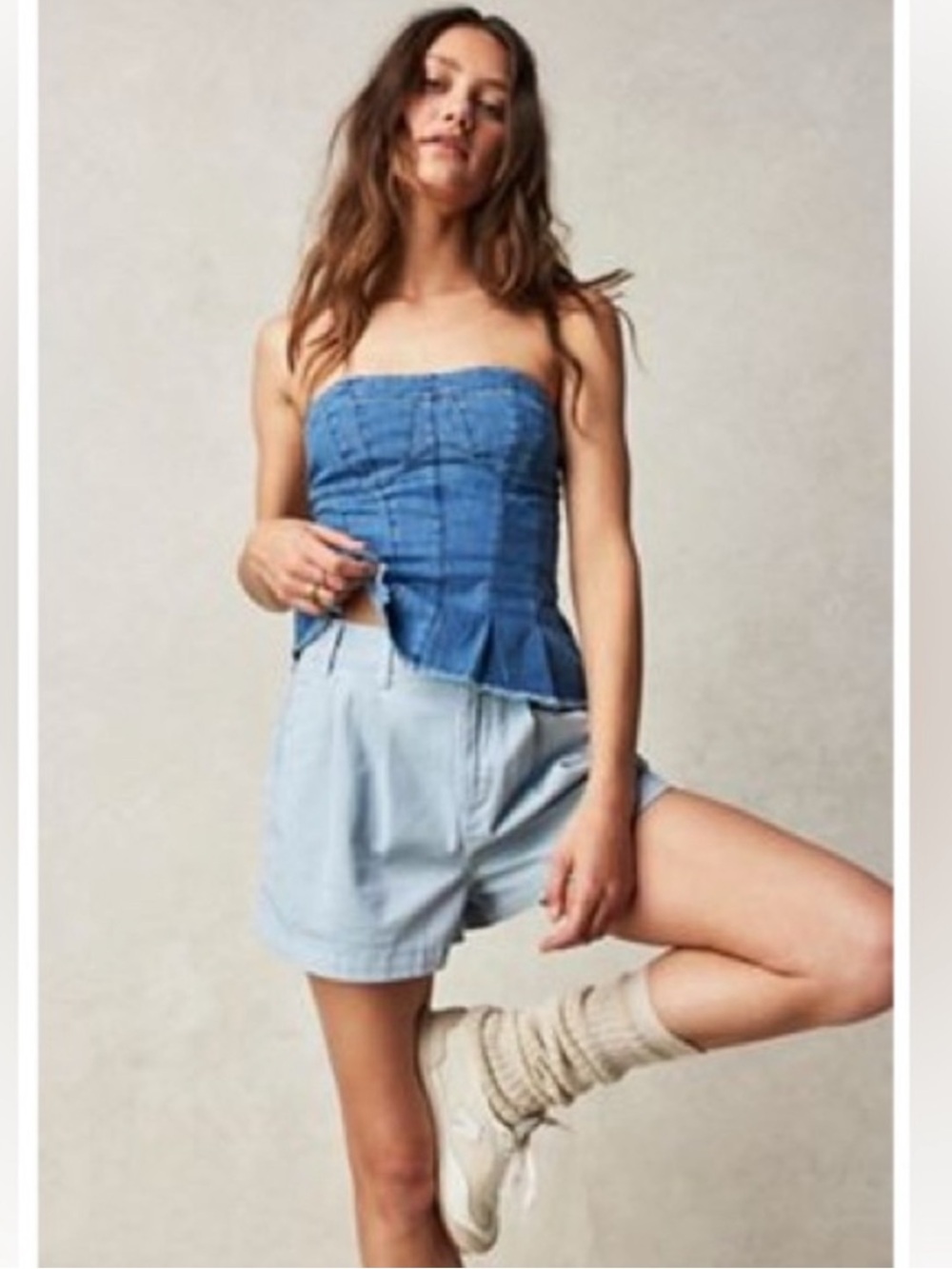Free People Denim Strapless Peplum Bustier Top in Light Blue